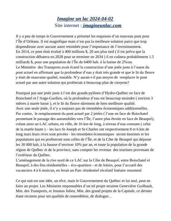 Première page du document original Imagine un Lac, daté du 2 avril 2024.